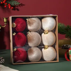Boxed set of 9 velvet Christmas tree ornaments in red, tan, and cream