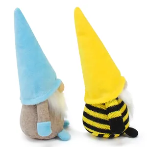 Handmade plush gnomes pair featuring a blue hat and a yellow bee-striped theme design