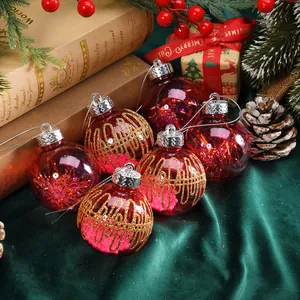 Exquisite set of 6 red Christmas balls with gold mesh paint and tinsel for tree decor
