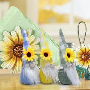 Set of three seasonal plush gnomes featuring sunflower motifs and colorful checkered hats
