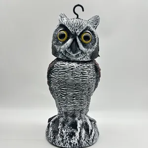Realistic owl decoy ornament with rotating head for garden bird deterrent