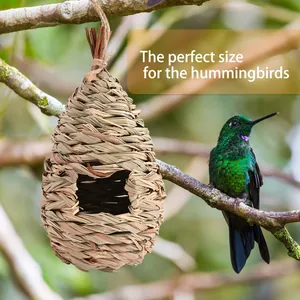 Hand-woven natural straw bird nest hanging on a tree branch next to a hummingbird.