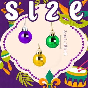 Size detail of 3cm Mardi Gras mirror ball ornaments in purple, green, and gold