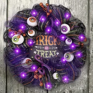 Halloween Eyeball Door Wreath With LED Lights Purple Black Mesh Trick Or Treat Wreath For Home Front Door Party Decor