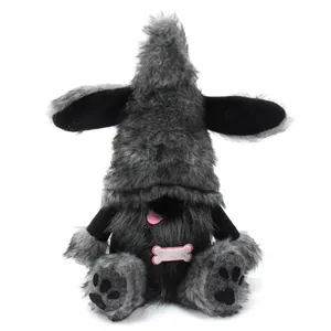 Adorable handcrafted grey dog gnome plush doll with sticking out tongue and bone