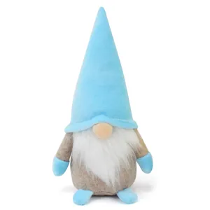 Front view of a handmade blue and grey plush gnome doll with a tall pointed hat.