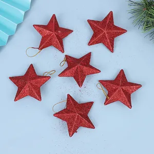 Set mit sechs roten glitzernden fünfzackigen Stern-Weihnachtsbaumanhängern in Rot