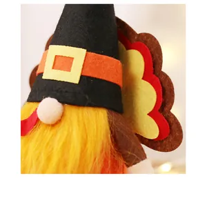 Detailed macro close-up of a cute Thanksgiving turkey gnome plush doll for holiday decoration