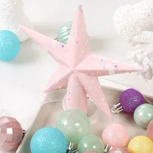 Exquisite set of macaron colored Christmas ornaments with pink glittery star tree topper