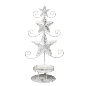Distressed white metal Christmas tree candle holder with stars for Nordic table decor