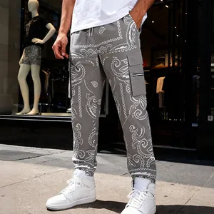 Streetwear view of men's grey paisley cargo pants with side pockets and tapered fit