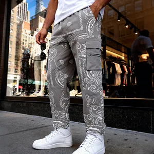 Men's grey paisley cargo pants in loose hip-hop street style, side pocket details.