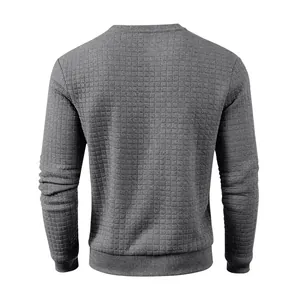 Detailed back view of a grey crew neck sweatshirt featuring waffle texture for men