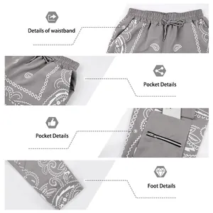 Detailed close-ups of gray paisley print men's cargo pants with pocket details