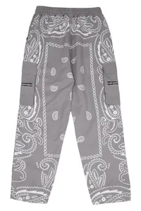 Detailed rear view of grey men's cargo pants featuring a white paisley bandana print.