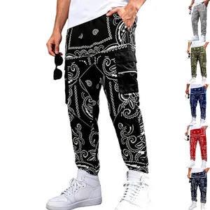 Men's hip-hop paisley cargo pants featuring tapered leg and functional zipper pockets.