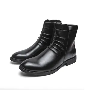 Bottines Chelsea classiques en cuir noir pour hommes avec plis et fermeture éclair latérale
