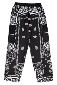 Detailed view of men's hip hop black paisley print cargo pants with large side pockets