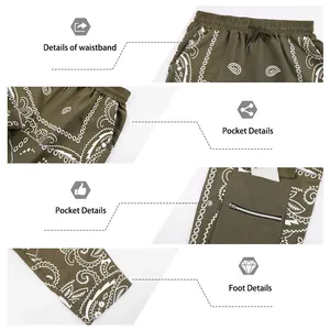 Detail views of olive green paisley cargo pants, showing waistband, pockets, and cuffs
