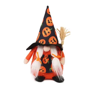 Cute Halloween gnome witch plush doll with pumpkin hat and broom for table decor