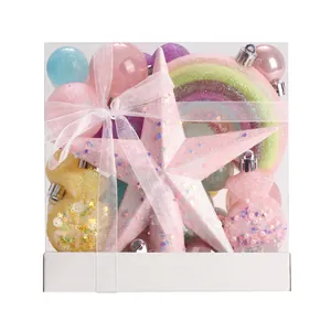 40-piece macaron colored Christmas tree ornament set in transparent box with pink ribbon