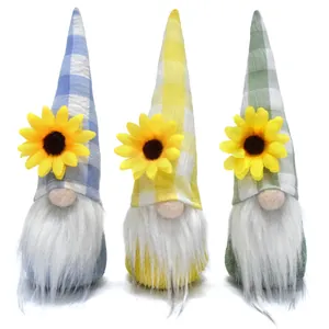 Set of three adorable sunflower faceless gnomes with plaid hats and white fluffy beards.