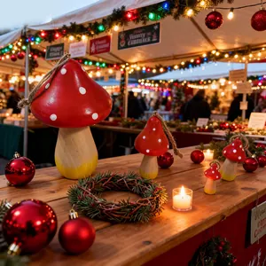 Handbemalte hölzerne Pilzanhänger in festlicher Weihnachtsmarkt-Atmosphäre mit warmem Licht