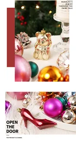 Detailed view of shiny golden bear and red high-heel Christmas ornaments