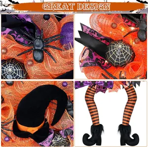 Couronne de porte Halloween avec jambes de sorcière, chapeau et rubans en maille décoratifs