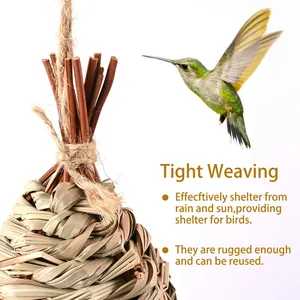 Detail of hand-woven straw bird house with tight weaving and natural texture