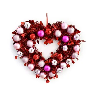 Couronne Cœur Saint-Valentin Guirlande Brillante Rouge Boucles Décoratives Ornement Suspendu pour Porte Fête Maison Cadeau Anniversaire
