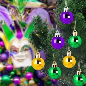 Set of 3cm colorful mirror disco balls hanging on a pine tree for Mardi Gras decoration