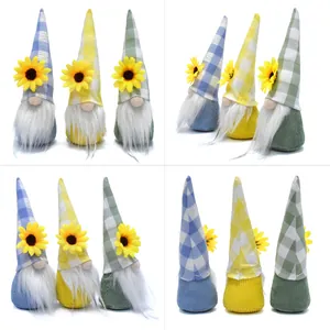 Detailed four-angle view of faceless sunflower gnomes with checkered hats for home decor.