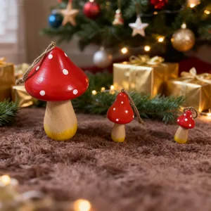 Handgefertigte hölzerne rote Pilzanhänger für eine festliche Weihnachtsdekoration