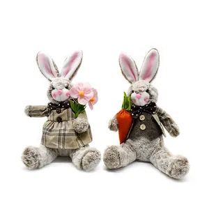 Easter Plush Bunny Doll Couple Home Decor Ornaments Spring Rabbit Plushie With Plaid Outfits For Holiday Party Gifts
