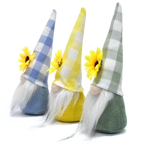 Three sunflower gnome figurines with plaid hats and white beards for home decor