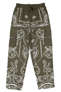 Olive green men's paisley cargo pants featuring reflective piping and side zip pockets.