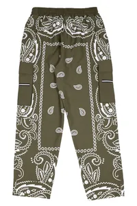 Men's olive green cargo pants with white paisley print and high-street hip-hop style