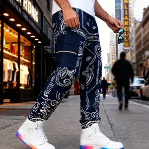 Men's paisley bandana cargo pants, navy blue hip-hop street wear joggers with side pockets.