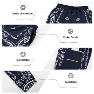 Detailed views of navy blue paisley men's cargo pants featuring waistband and pockets