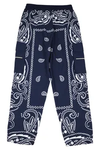 Men's loose cargo pants with white paisley print in American West Coast hip-hop style