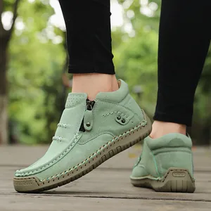 Sage green handcrafted high-top casual leather outdoor walking shoes for women with side zipper