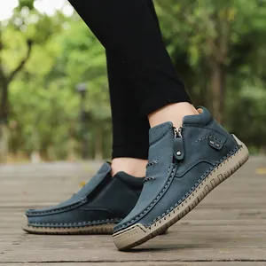 Blue women's high-top outdoor casual shoes with side zipper and hand-stitched detail