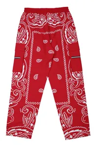 Red paisley print men's loose hip-hop cargo pants with functional side pockets and elastic waist