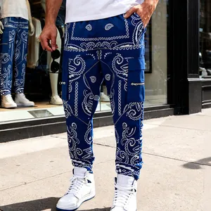 Men's blue paisley print cargo pants featuring street hip-hop style and reflective piping