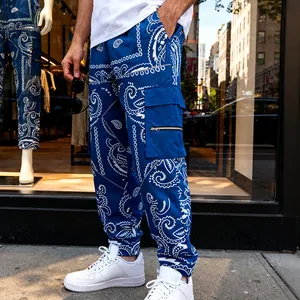 Stylish mens blue paisley print cargo pants featuring a loose hip-hop fit for casual street wear