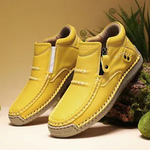 Stylish yellow handmade leather high-top outdoor casual shoes with side zipper detail