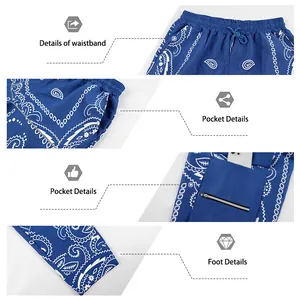 Detailed views of blue paisley streetwear pants showing waistband and pocket features.