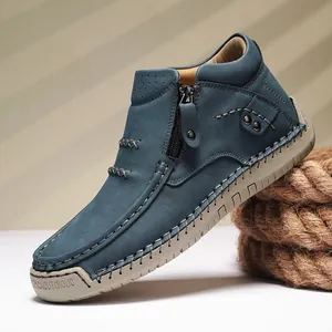 Blue high-top outdoor casual leather shoes featuring handmade stitching and side zipper