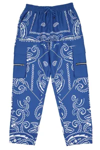 Blue paisley print cargo pants for men featuring a hip hop high street style design.